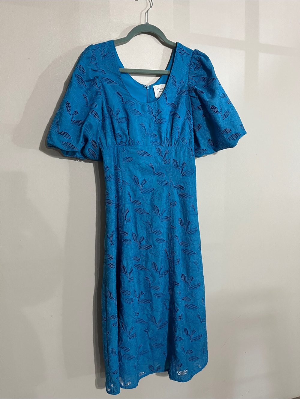 Hyacinth House Bright Blue Lace Midi Dress with Puff Sleeves